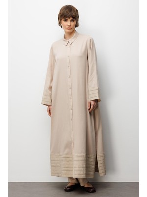 Micca %100 Doğal LyoCEL ile Dökümlü Soft Hissiyat ve Elişi Bant Detaylı Ferace-Taş