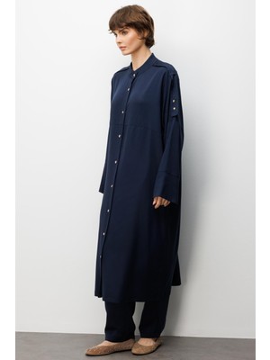 Micca %100 Doğal LyoCELL ile Dökümlü Soft Hissiyat Rahat Kalıp Apolet ve Özel Düğme Detaylı Maxi Tunik-Laci