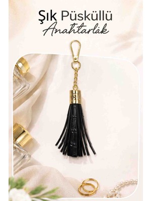 Colorshere Şık Siyah Püsküllü Anahtarlık – Çanta & Aksesuar Charm Süs