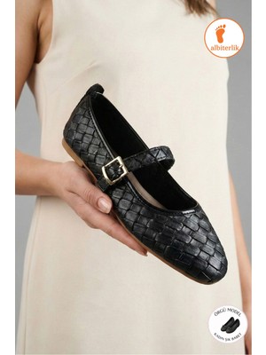 Albishoes Kadın Örgü Babet Anatomilk Hafif Taban Günlük Kullanım Tokalı Şık Örgü Günlük Kadın Babet