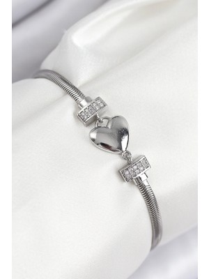 Eco Lounge Pirinç Zirkon Taşlı Kalp Model Gümüş Renk Kadın Bileklik