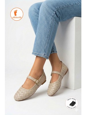 Albishoes Kadın Örgü Babet Anatomilk Hafif Taban Günlük Kullanım Tokalı Şık Örgü Günlük Kadın Babet