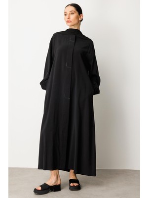 Micca Soft  Modal Içerikli Önde Taş Işlemeli Kraş Şal Detaylı Ferace Kap-Siyah