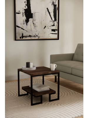 Solto Home SC25-12 Siyah Metal Ceviz Raf Tasarım Orta Sehpa | Modern Oturma Odası