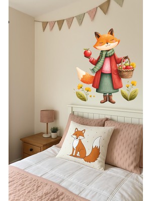 Aysha Tasarım Duvar Stickerı - Elma Bahçesinde Tilki Duvar Stickerı – Meyve Toplayan Hayvan Figürlü Çocuk Odası Duvar Stickerı