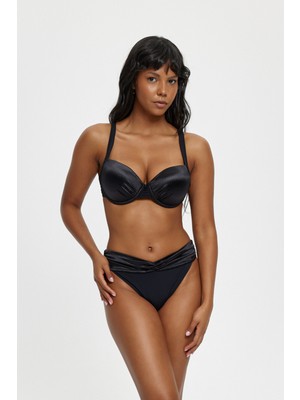 Louren Kadın Saten Detaylı Telli Kaplı Siyah Bikini Takımı – Kaplı Üst & V Kesim Alt