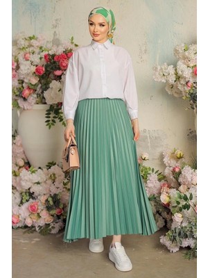 DoQun Zarif ve Modern Pileli Parlak Krep Gizli Lastikli Mint Etek