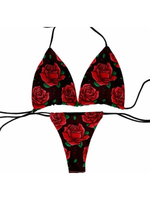 Punix Punıx Özel Seri Kırmızı Güller Baskılı Scuba Brazilian Beachwear Luxury Kadın Bikini Takımı