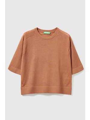 United Colors Of Benetton Kahverengi Kadın / Kız KDN_%100 Yün Bisiklet Yaka Kısa Kollu Kazak Model Kodu: ( 11AHD10E680A)