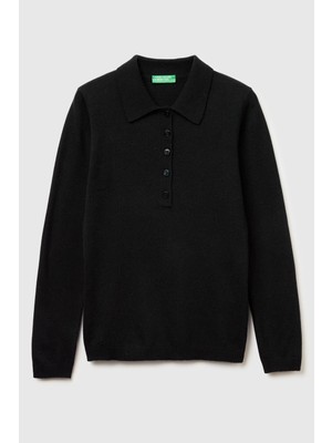 United Colors Of Benetton Siyah Kadın / Kız Kdn_yün ve Kaşmir Karışımlı Regular Fit Polo Yaka Kazak Model Kodu: ( 102HD301H700)