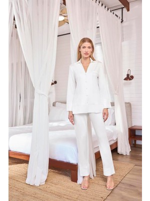 Aria's Closet M MERC Giyim Uzun Kollu Önü Düğmeli Gömlek Yaka Pijama Takımı