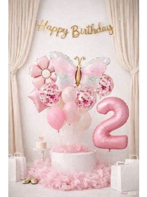 Meri Parti Kelebek Konsept Doğum Günü Balon Seti – Pudra Pembe Gold Happy Birthday Bannerlı Folyo Rakam Balon