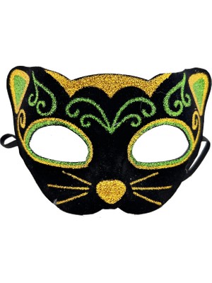 Ynt İthalat Siyah Kadife Kaplama Üzeri Sarı Yeşil Sim Işlemeli Kedi Maskesi 20X13 cm