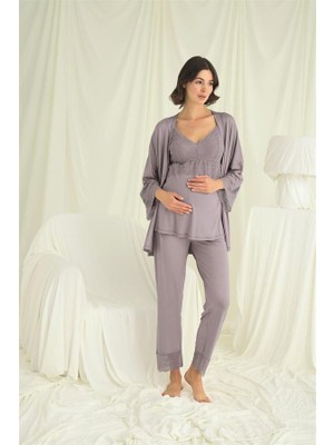 M Merc Giyim Dantelli Hamile Lohusa 3'lü Pijama Takımı