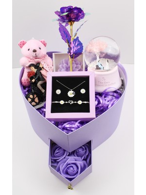 Trend Robo Sevgililer Günü Hediyesi–mor Kalp Kutulu Papatya Gümüş Takı SETI-925 Ayar Gümüş Kolye,bileklik,küpe