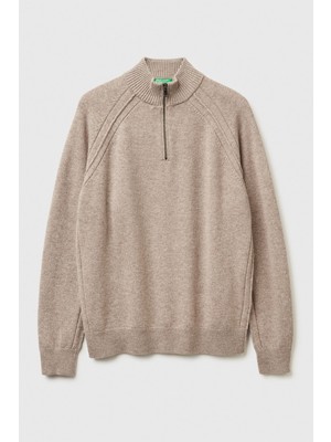 United Colors Of Benetton Bej Erkek ERK_%100 Yün Fermuar Detaylı Dik Yaka Kazak Model Kodu: ( 1006U202B530)