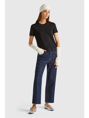 United Colors Of Benetton Siyah Kadın / Kız Kdn_ipek Karışımlı Yuvarlak Yaka Önü Detaylı Kısa Kollu Kazak Model Kodu: ( 1ZRED10BK100)