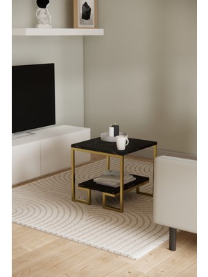 Solto Home SC25-26 Altın Metal Siyah Mermer Desen Raf Tasarım Orta Sehpa | Modern Oturma Odası