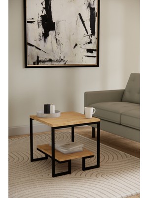 Solto Home SC25-14 Siyah Metal Meşe Raf Tasarım Orta Sehpa | Modern Oturma Odası