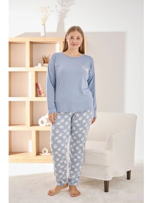Pijamoni Kadın Büyük Beden Şık Sofia Kumaş Pijama Takımı - Mavi