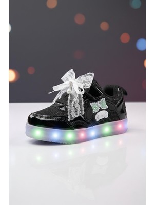 Oksit Figürlü Kız Çocuk Işıklı Sneaker Dantel Fiyonk ve İnci Detaylı Düz Taban Ayakkabı