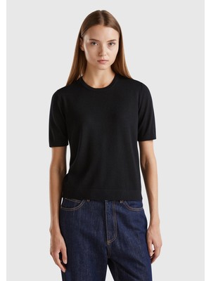 United Colors Of Benetton Siyah Kadın / Kız BN_%100 Yün Bisiklet Yaka Yarım Kollu Kazak Model Kodu: ( 11AHD10AY700)