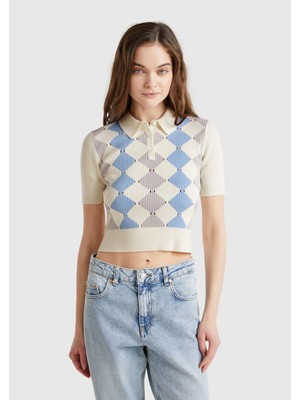 United Colors Of Benetton Beyaz Kadın / Kız Kdn_baklava Desenli Nervür Detaylı Polo Yaka Kısa Kollu Kazak Model Kodu: ( 124ME3019674)