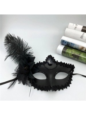 Ynt İthalat Siyah Mat Renk Yandan Tüylü Güllü Parti Balo Venedik Maskesi 16X22