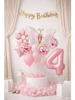 Meri Parti Kelebek Konsept Doğum Günü Balon Seti – Pudra Pembe Gold Happy Birthday Bannerlı Folyo Rakam Balon