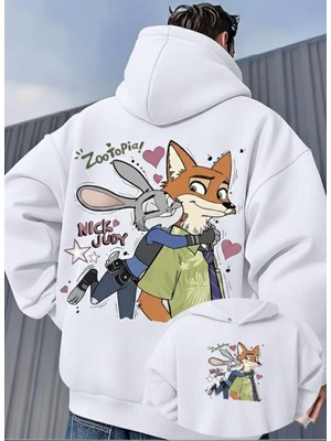 Unisex Oversize Zootopia Nick & Judy Baskılı Kapüşonlu Sweatshirt