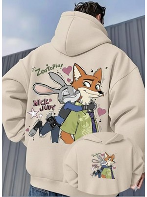 Unisex Oversize Zootopia Nick & Judy Baskılı Kapüşonlu Sweatshirt