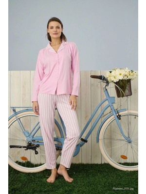 Pijamoni Kadın Premium Milan Kumaş Gömlek Yaka Pembe Çizgili Pijama Takımı