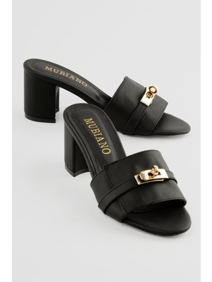 Mubiano Kadın Nubuk Topuklu Ayakkabı Toka Detaylı Terlik Ficoa Siyah