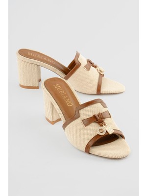 Mubiano Kadın Topuklu Ayakkabı Keten Detaylı Tokalı Terlık Azura Kahverengi