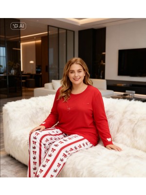 NiCe İç Giyim Kırmızı Fiyonk Baskılı Battal Beden Kadın Pijama Takım Esnek Kumaş Cotton 3xl -5xl Büyük Beden