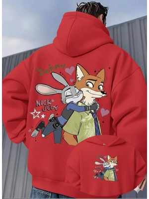 Unisex Oversize Zootopia Nick & Judy Baskılı Kapüşonlu Sweatshirt