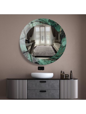 Glitglass Yeşil Mermer Desenli Modern Yuvarlak Ayna - Dekoratif Cam Duvar Aynası