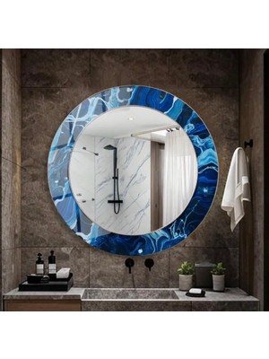 Glitglass Mavi Akışkan Mermer Desenli Yuvarlak Dekoratif Ayna