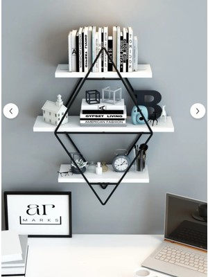 Dekozum Siyah Çam Büyük Boy Duvar Rafı, Baklava Duvar Rafı, Gold Metal Duvar Rafı, Kitaplık Duvar Rafı