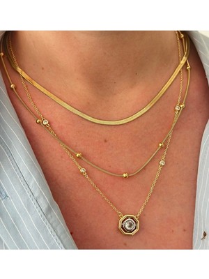 Çelik Üçlü Kolye ( Italyan Zincir Dorika Yılan Zincir ve Tek Taş Kolye 3lü Kolye Seti )