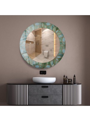 Glitglass Turkuaz ve Altın Detaylı Yaprak Motifli Yuvarlak Ayna - Modern Banyo ve Antre Aynası