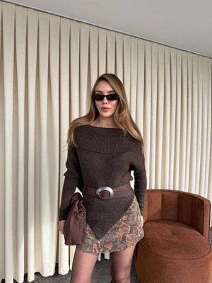 Laluvia Kahverengi Kayık Yaka Asimetrik Kazak - 251193