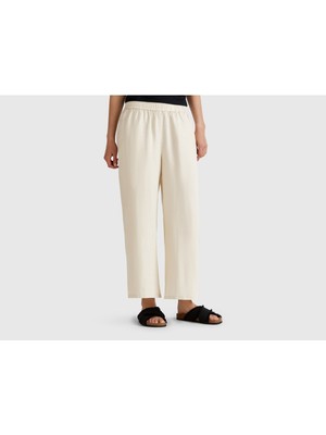 United Colors Of Benetton Bej Kadın / Kız KDN_%100 Keten Beli Lastikli Bol Kısa Paça Pantolon Model Kodu: ( 4AGHDF09G152)