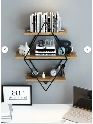 Dekozum Siyah Çam Büyük Boy Duvar Rafı, Baklava Duvar Rafı, Gold Metal Duvar Rafı, Kitaplık Duvar Rafı