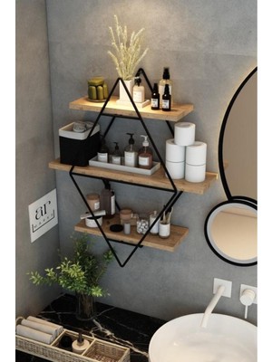 Dekozum Siyah Çam Büyük Boy Duvar Rafı, Baklava Duvar Rafı, Gold Metal Duvar Rafı, Kitaplık Duvar Rafı