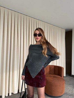 Laluvia Antrasit Kayık Yaka Asimetrik Kazak - 251193