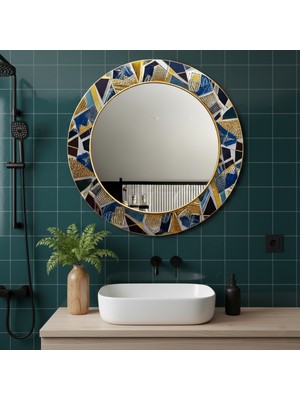 Glitglass Luxury Serisi Lacivert ve Altın Renkli Yuvarlak Ayna - Modern Tasarım Cam Duvar Tablosu