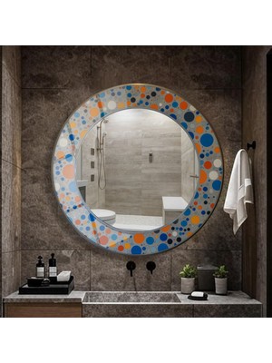 Glitglass Renkli Puantiye Desenli Tasarım Yuvarlak Ayna - Salon ve Antre Için Modern Cam Ayna
