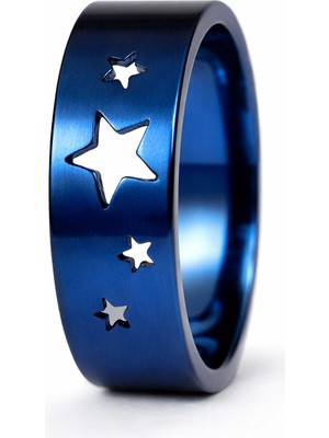 Unisex Mavi Çelik Yüzük Yıldız Desenli Modern Alyans Modeli – Paslanmaz Çelik Mat Lacivert Trend Erkek & Kadın Yüzük