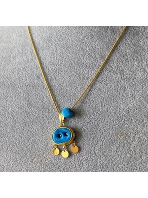 Gold Çelik Pullu Sallantılı 2 Li Süryani Boncuğu +Mavi Boncuk Detaylı Kolye